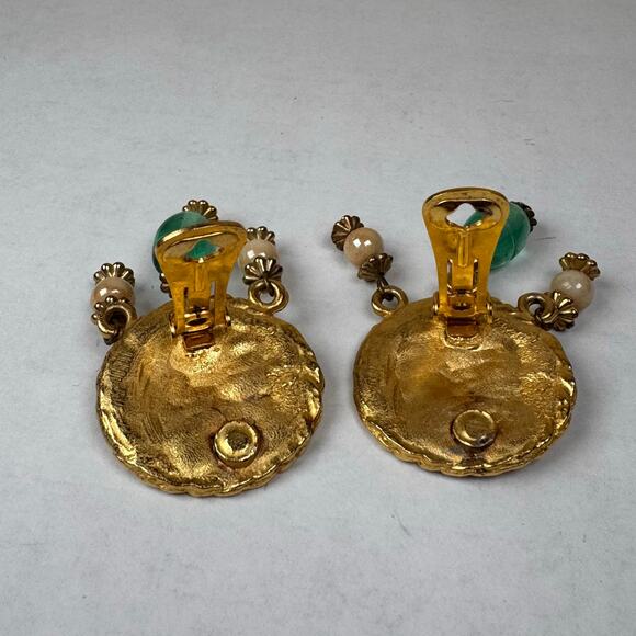 VTG Clip On Earrings Gold Tone Large Stud Glass Beads Dangle Funky 80s Art - Picture 4 of 5